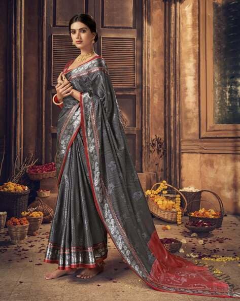 Grey Jamdani Saree with Woven Buttas Red Border and Pallu – Thearyavart