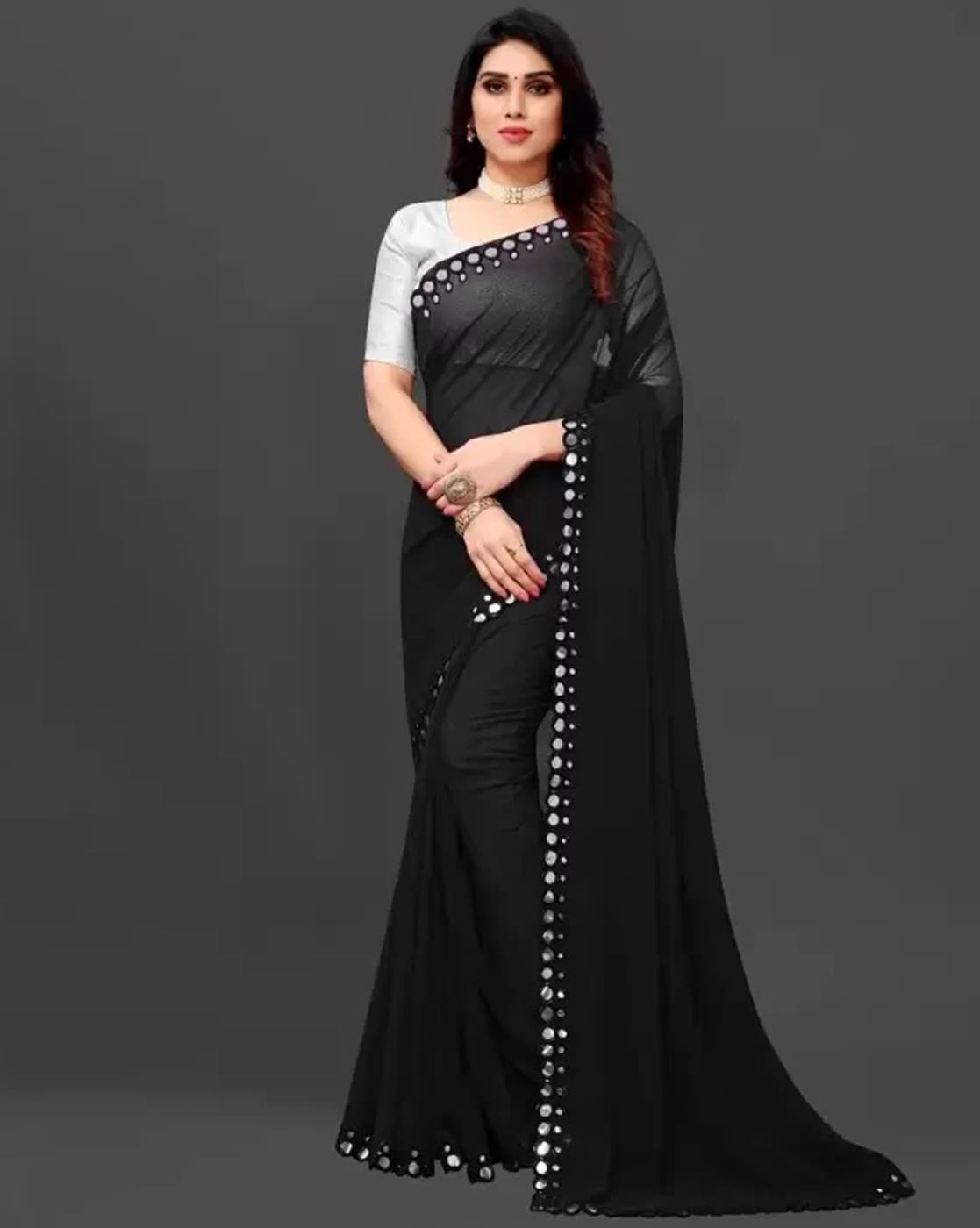 Black Embroidered Unstitched Chiffon Saree AJC-D08-22-Party Wear – Polawn