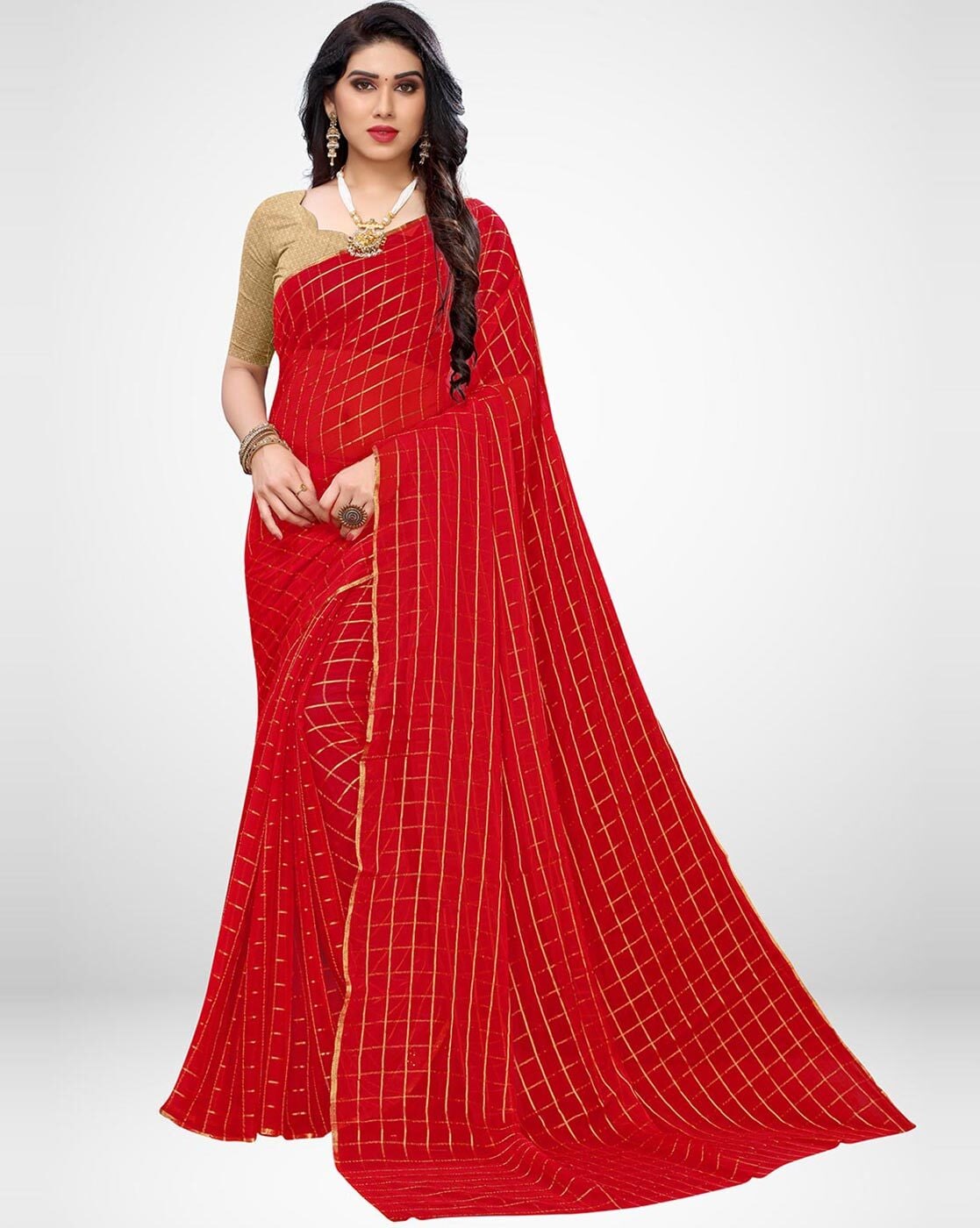 Red Checked Saree - Buy Red Checked Saree online in India