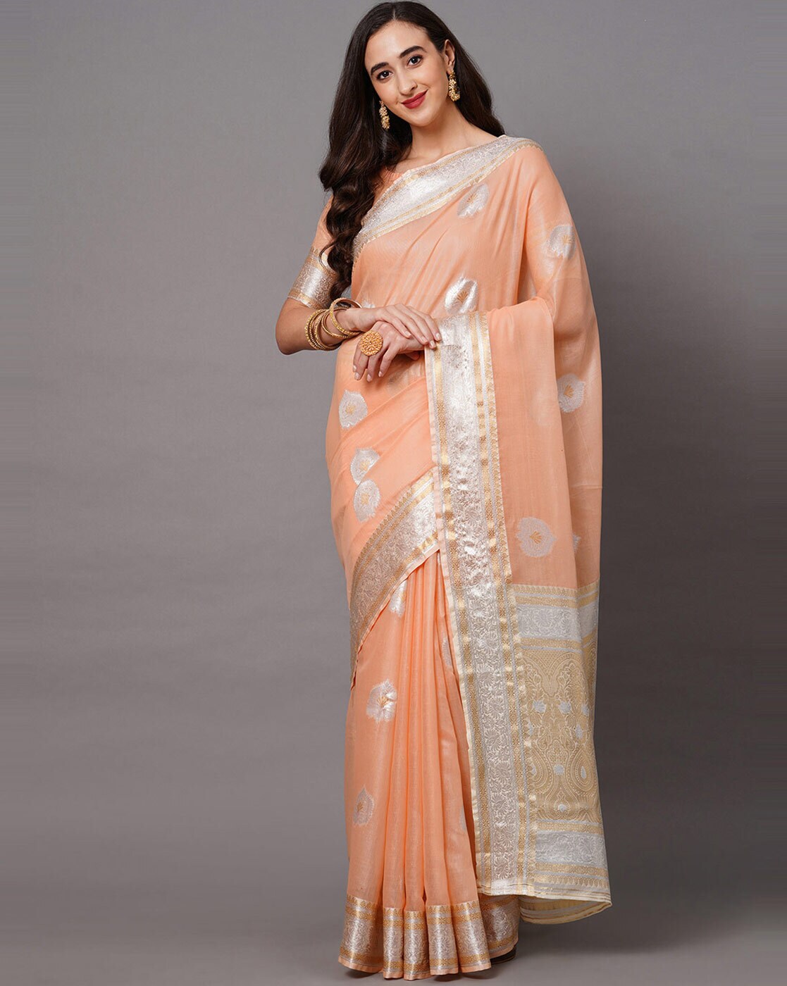 Buy Peach Sarees for Women by MRINALIKA FASHION Online