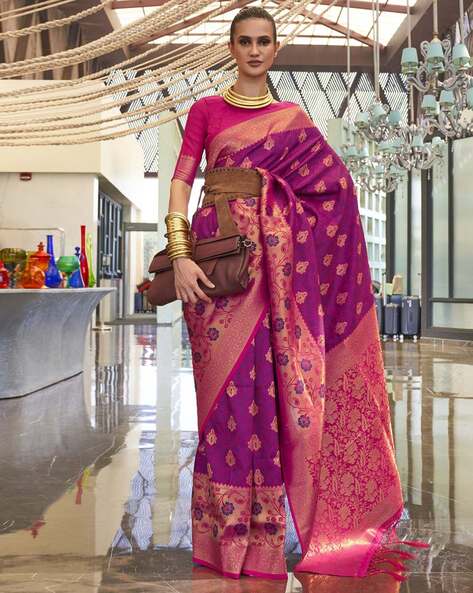 Buy Banarasi Silk Saree In Magenta Pink And Green Color Online - SARV08237  | Andaaz Fashion