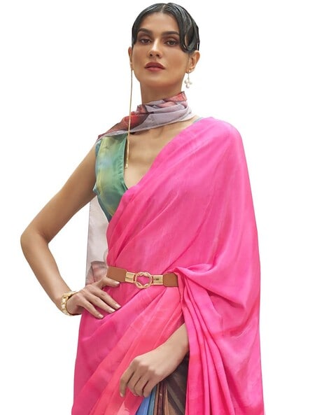 Pink Satin Saree With Belt And Unstitched Blouse Piece