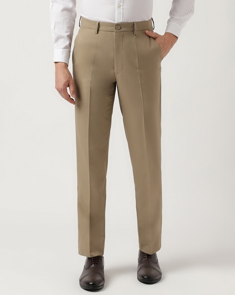Khaki - Cotton - High Rise Trousers for men
