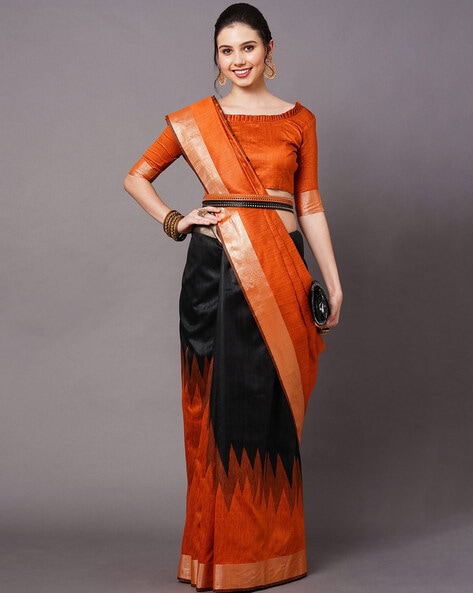 Black and Orange Georgette Saree with Badla Work|Desically Ethnic