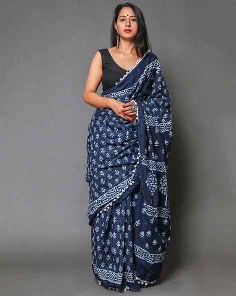 Ready to wear Indigo Blockprint Mul Mul Cotton With Pom Pom Wrap in 1