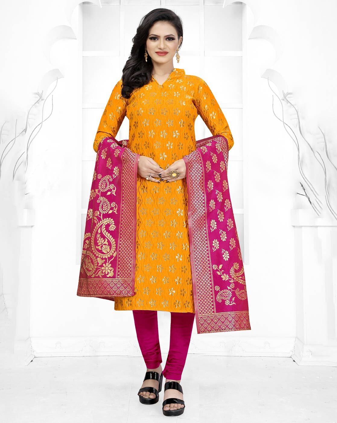 Yellow Anarkali Gown with Embroidery and Palazzo - Clothsvil