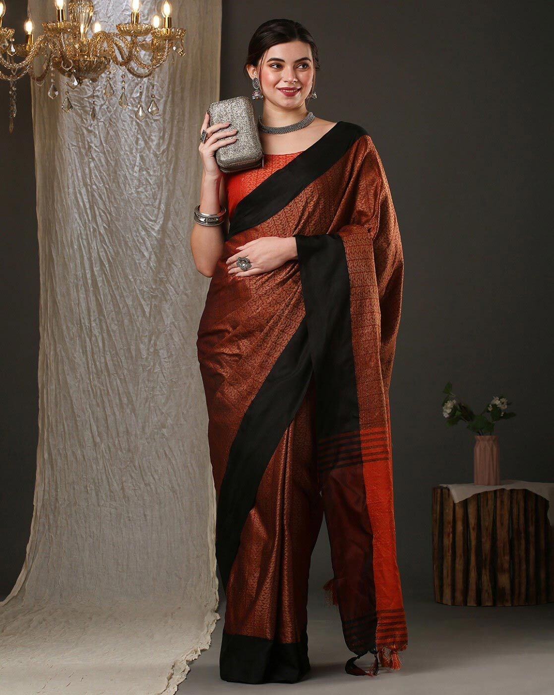 coffee brown saree with silk blouse 1716