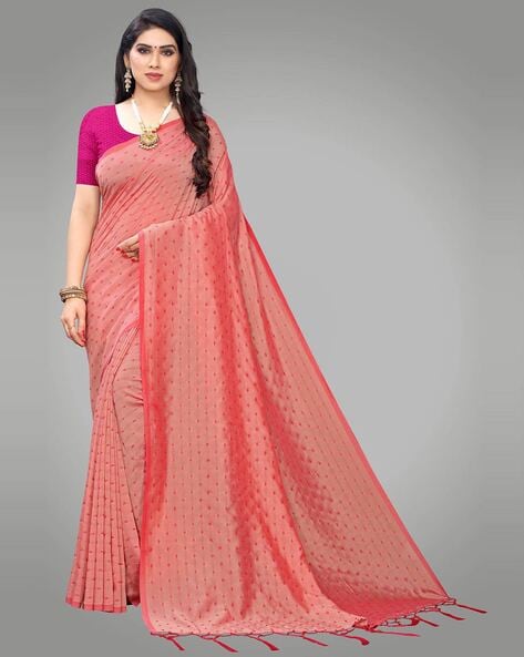 Light peach embroidered organza saree with blouse - Lilots - 3811993