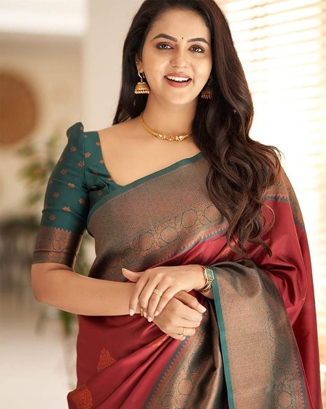 Beautiful zari work soft silk saree maroon – Ethnicgarment