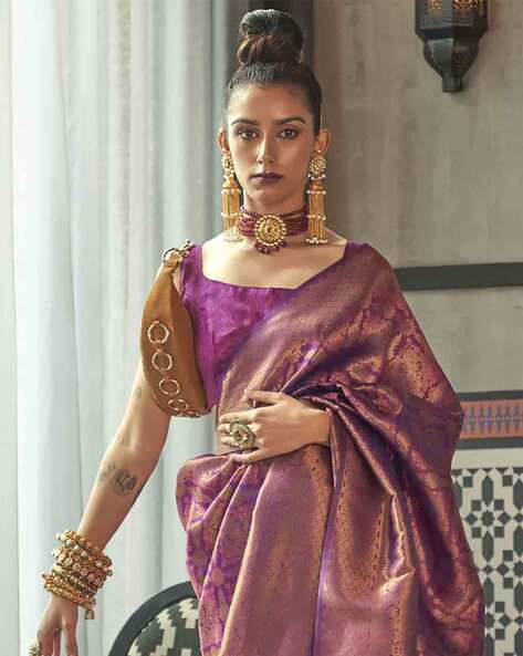 Buy Purple Silk Embroidery Paisley V Neck Saree With Blouse For Women by  Deep Thee Online at Aza Fashions.