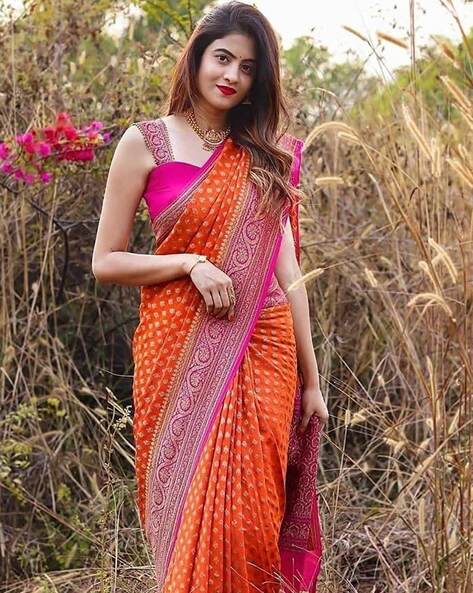 Amber Orange Shine Kanjivaram Wedding Saree With Blouse – Bahuji - Online  Fashion & Lifestyle Store