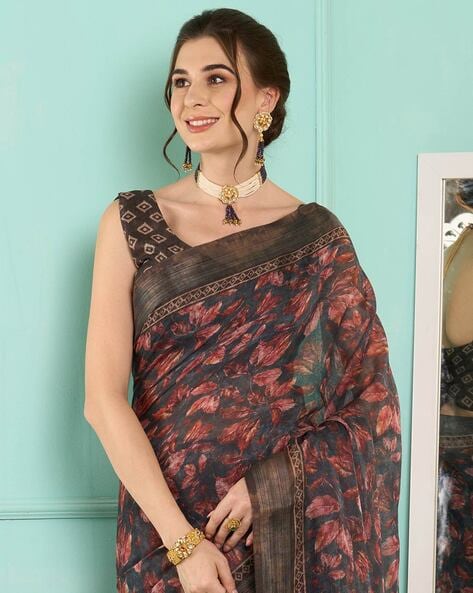 Floral printed Lenin sarees