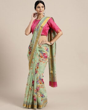Aqua Blue Woven Linen Saree With Khadi Print Blouse – Zari Banaras