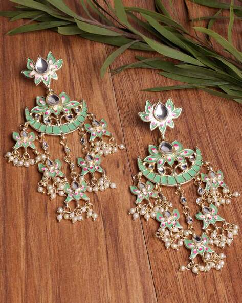 Buy Yellow Chimes Silver-Toned Oxidised Mirror Work Contemporary Jhumkas Earrings  online