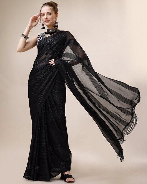 Belt Saree Soft Silk Black Lace border saree With Blouse