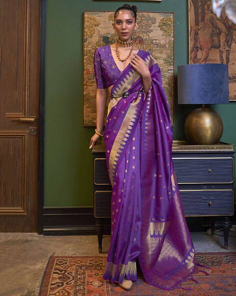 Purple Digital Printed Handwork Organza Saree – Maharani