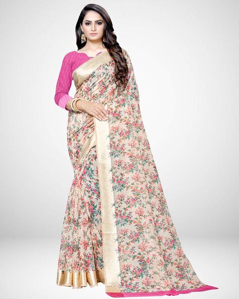 Buy Anouk Anouk White & Brown Floral Printed Zari Linen Blend Saree at  Redfynd