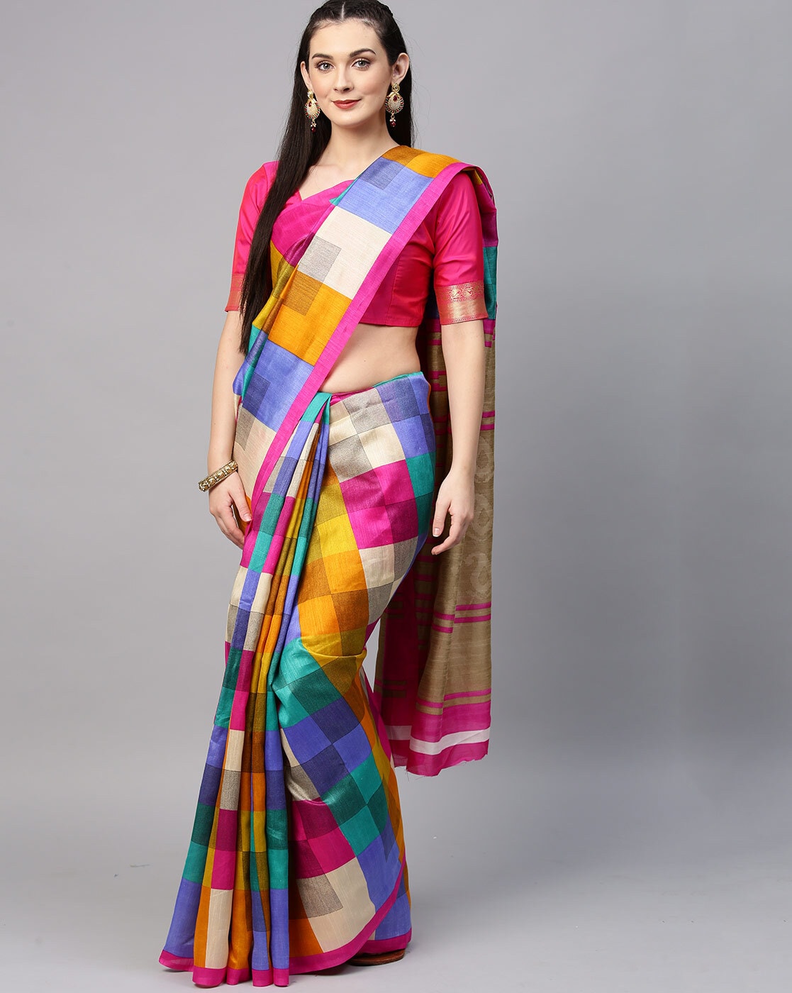 Shop Multicolor Check Kanjeevaram Saree Online in USA| Pink Zari Pallu –  Pure Elegance