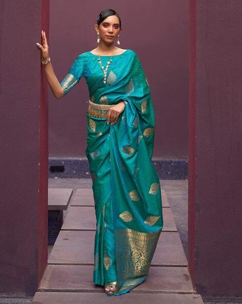 Teal Blue Matka Silk Saree With Zari Work Fabricated on Pure Matka Silk
