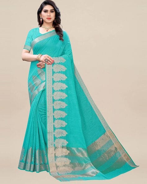 plain sea green saree with contrast blouse
