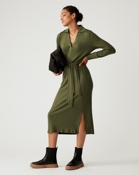 Olive & Oak, Dresses, Olive Oak Womens Creamtan Ribbed V Neck Sweater  Dress With Waist Tie Size Xl
