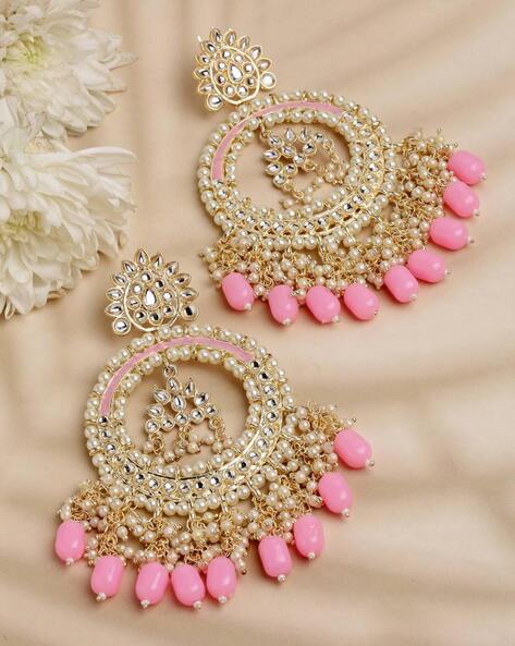 Faint gold finish Earring/jhumka/Dangler with Mang Tikka with Pink Col –  Griiham