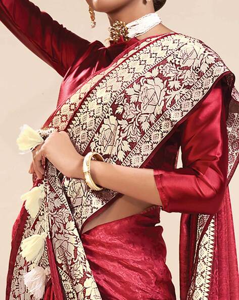 Pure Bright Maroon Colour Gold Toned Beautiful Trendy Banarasi Silk Woven  Designer Saree With blouse