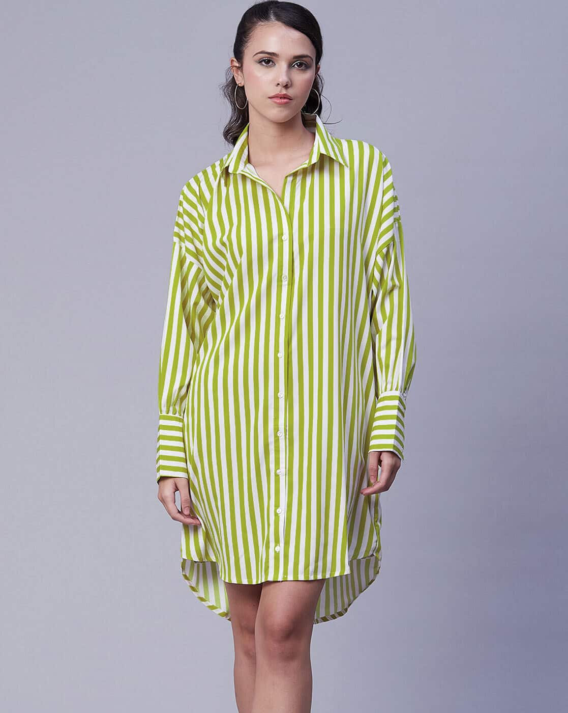 Striped Shirt Dress with Assymetrical Hem