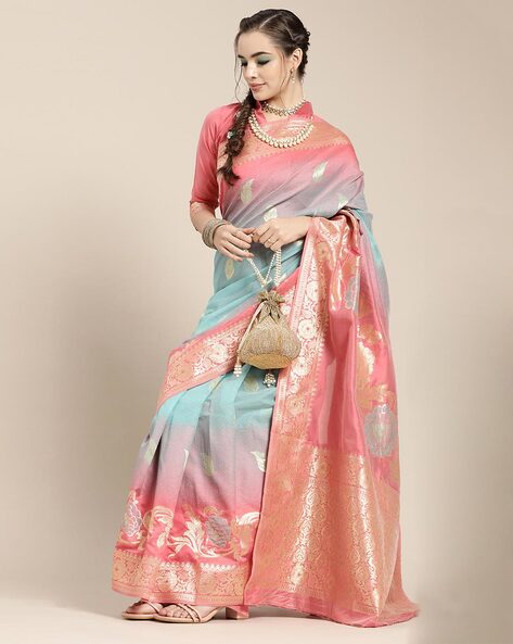 Chaitra' Peach-Blue Pure Kora Silk Handloom Banarasi Kadwa Saree - Tilfi