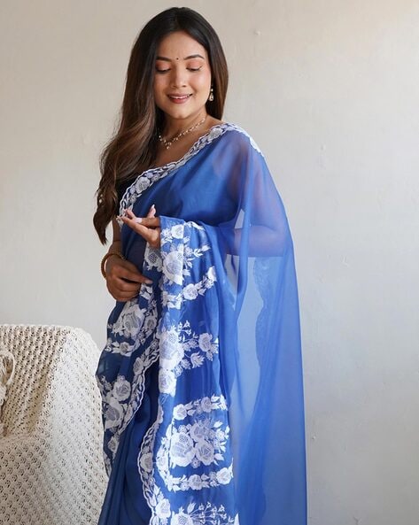 Sky blue cotton hand embroidered chikankari saree – GoCoop