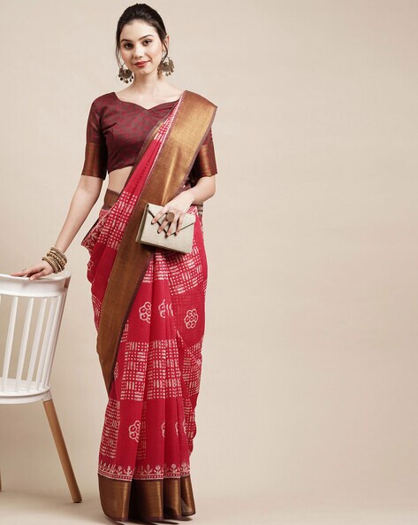 Charry red Handloom cotton linen saree with printed cotton blouse | Kiran's  Boutique