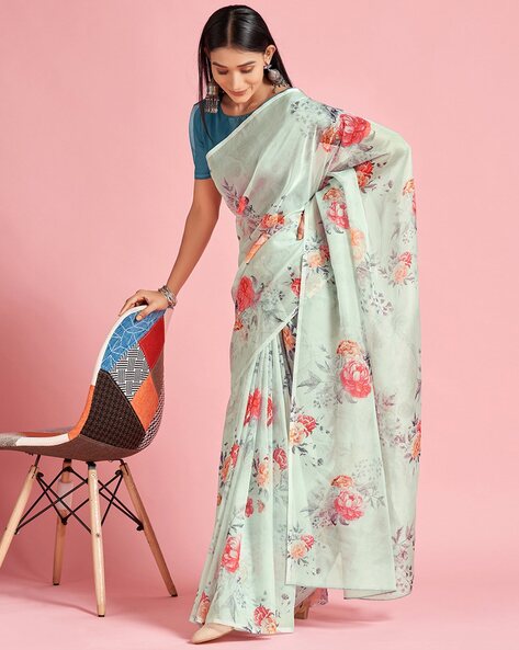 Kanishka enterprise Women'S & Girls Organza Digital With Beautiful Floral  Printed Saree With Unstitched Blouse Piece (cream) : Amazon.in: Fashion