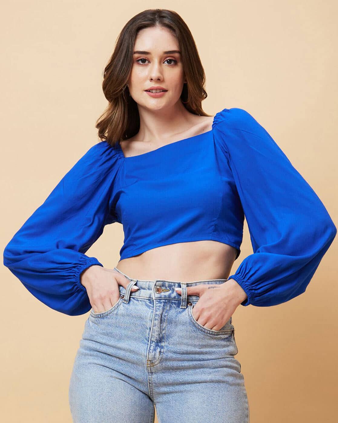 Buy GLOBUS Crop Top with Balloon Sleeves Online | Ajio.com