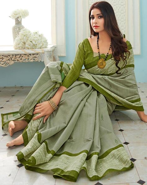 Light Green Soft Cotton Saree with Jamdani Work - kashtii.in
