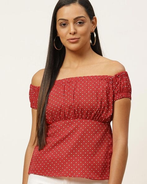 red polka dot off the shoulder top