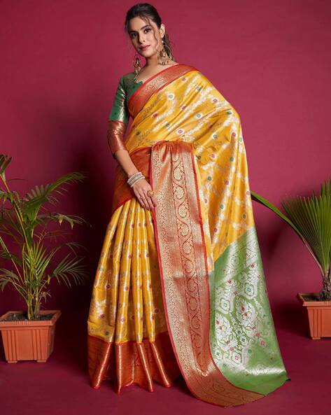 Yellow And Gray Hand Painted White Resham Kota With Half And Half Yellow  Dhakai Saree