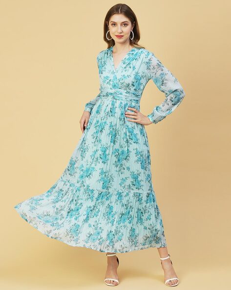 Shop Rose print georgette pleated empire maxi dress | eShakti