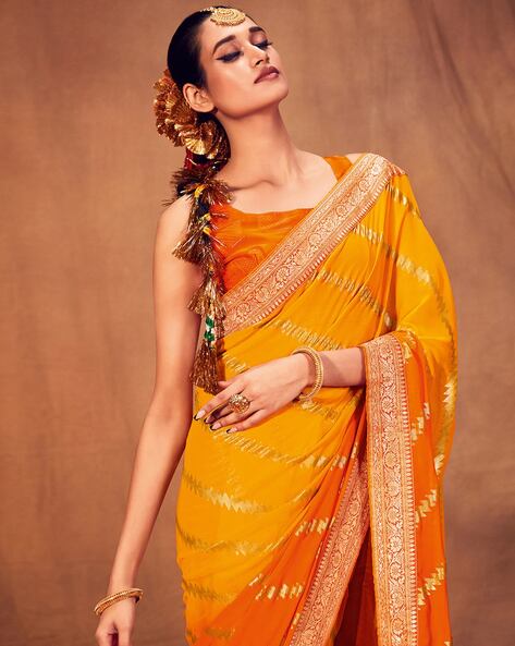 Dual Shade Semi Chiffon Gold Printed Saree With Zari Border-Orange –  Banarasikargha