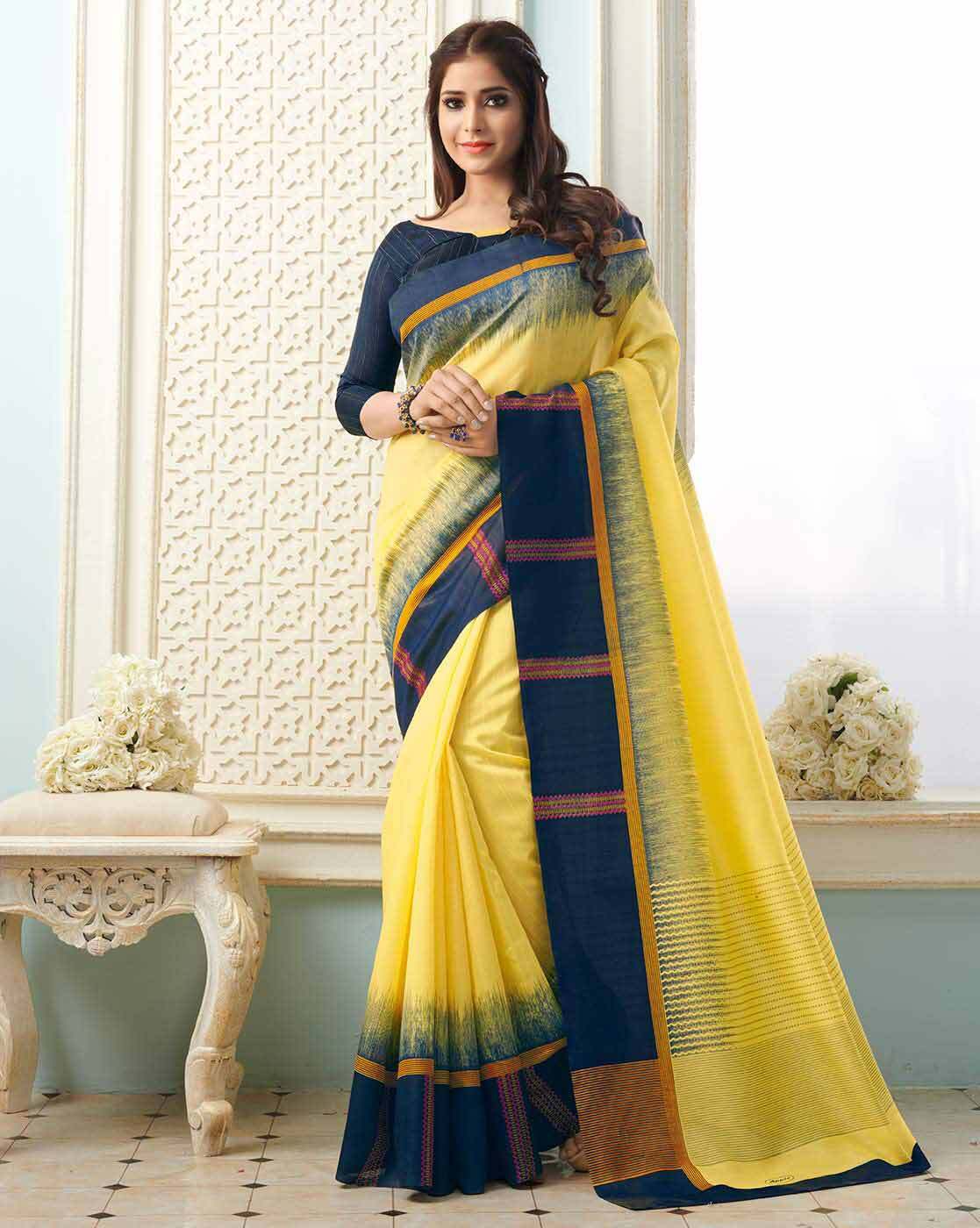 Mustard Yellow & Blue kanchipuram Saree With Blouse Saree 1449SR17