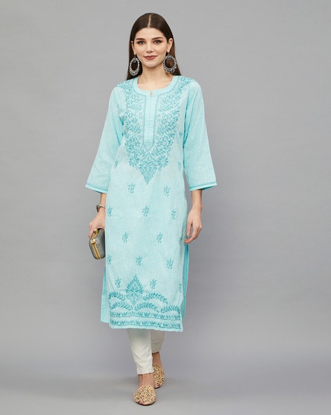 Buy Ethnava Women's Hand Embroidered Chikankari Front Kurti Neck