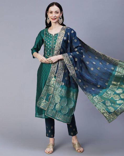 Green Printed Cotton Kurta Set With Dupatta