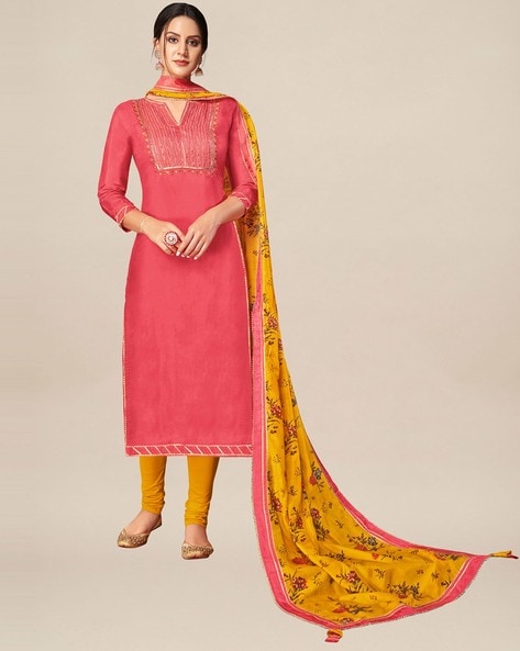 Embroidered Chanderi Cotton Festive Churidar Dress Material