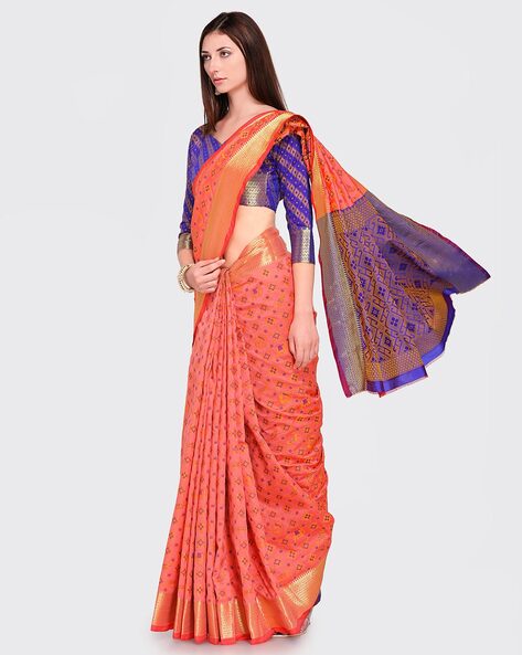 Dark Peach Embroidered Silk Blend Saree With Blouse - UNAVAILABLE - 3127883