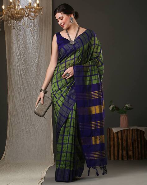 Blue with black checked cotton saree – Iraivi - Wedding and Party wear