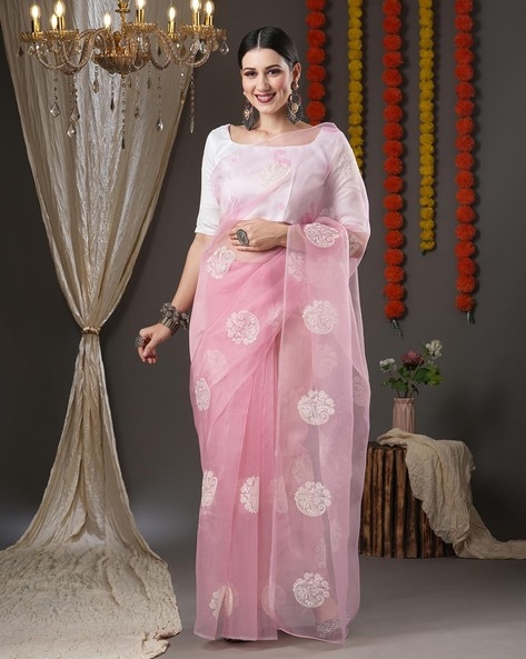 Baby Pink color Organza sarees with all over multi embroidery work design  -ORGS0003126