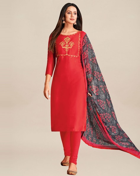 Deep Sky Blue block printed cotton dress material with chanderi cotton  dupatta | Kiran's Boutique