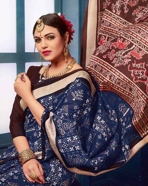 Navy Blue Raw Silk Saree With Blouse 245357