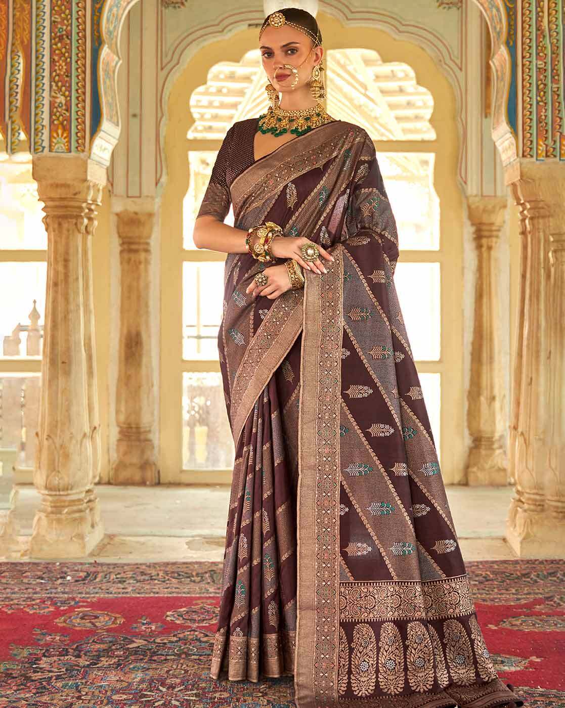 Triyah Brown & Golden Cotton Plain Saree With Unstitched Blouse