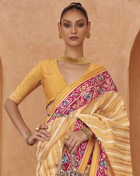 Organza Fabric Mustard Color Printed Festive Wear Trendy Saree With  Embroidered Blouse