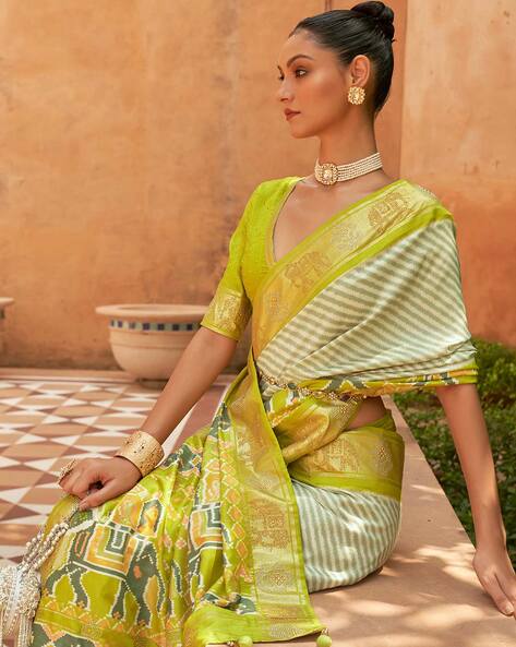 Lime Road - Yellow Hand Block Print Maheshwari Silk Saree – Local Nation